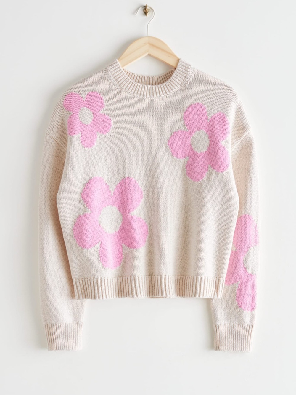 & Other Stories Cotton Cream Crewneck Sweater with Flowers Size Small